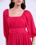 SIXDO G-Rosy Puff Sleeves Voile Flared Dress