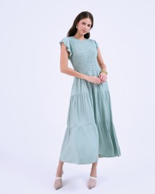 SIXDO G-Green Butterfly Sleeves Woven Flared Dress