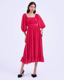 SIXDO G-Rosy Puff Sleeves Voile Flared Dress