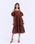 SIXDO G-Coffee Brown Woven Flared Dress